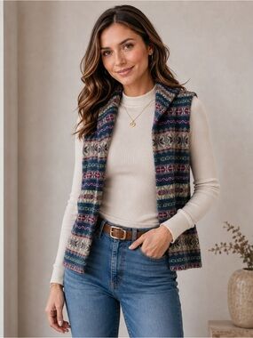 Chaps Denim Womens Fair Isle Sweater Vest Shawl Collar Button Front Navy Pink M